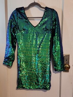 Pretty Attitude Green & Blue Sequin V-Neck Bodycon Long Sleeve Mini Party Dress